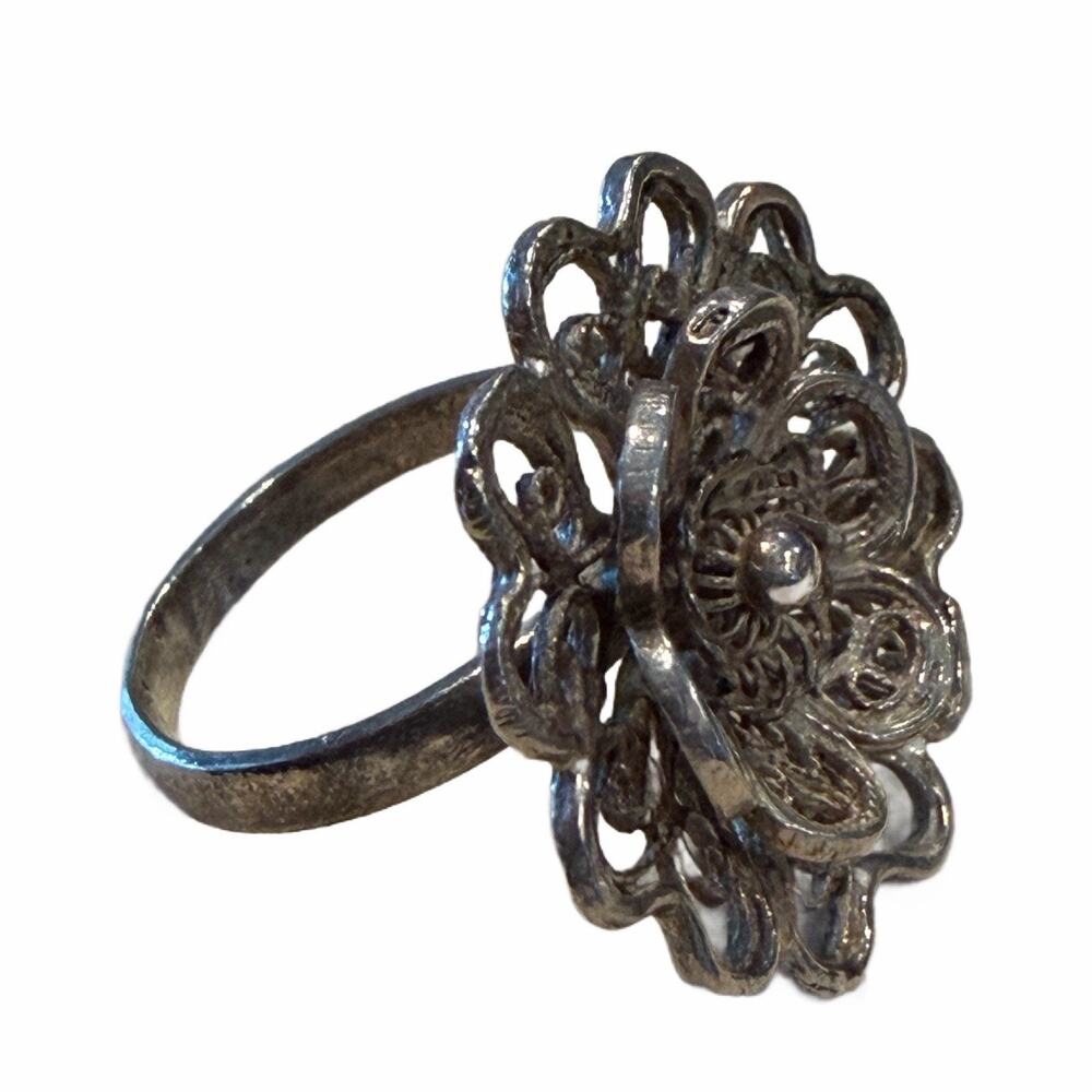 Sterling Silver Filigree Flower Size 5.5 Floral Art Deco Style Ring Antique 1940